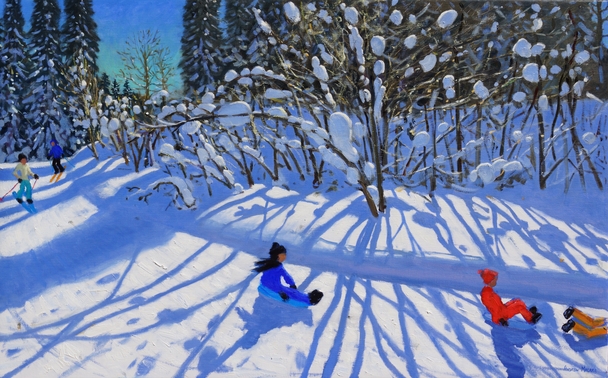 ANDREW MACARA  - sledging and skiing down the trail, morzine