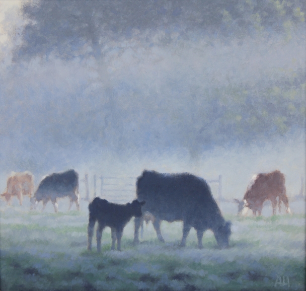 ANN HEAT RBA - black cow and calf in the morning