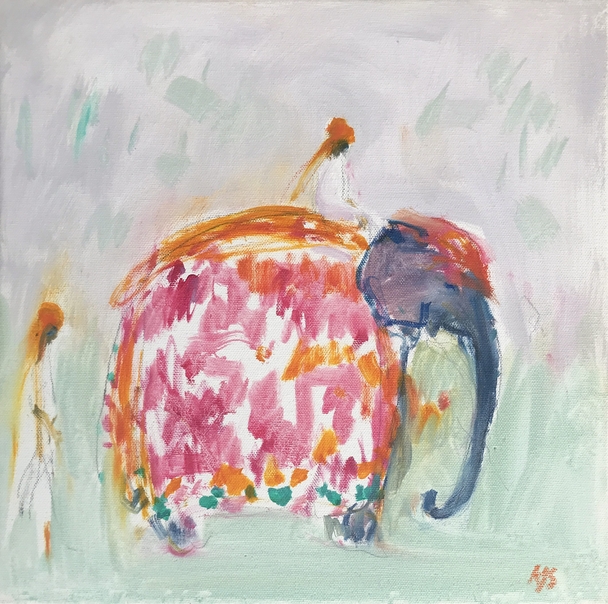British Artist Ann Shrager - Festival Elephant (Pink and Orange)