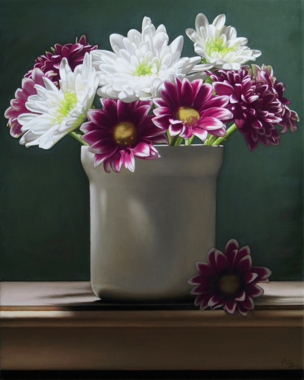 Still Life with White and Purple Chrysanths