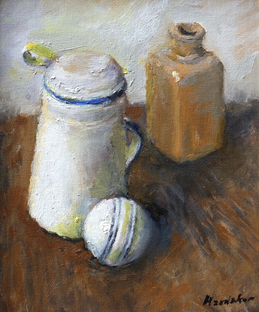 Charles Hardaker - still life - white ball and stoneware bottle