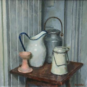 CHARLES HARDAKER - still life four objects -grey pink