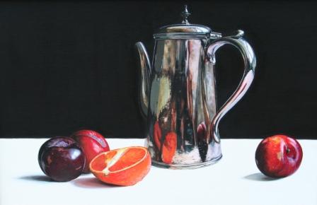 JANE CRUICKSHANK - coffee pot with plums and an orange