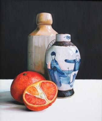 JANE CRUICKSHANK - stoneware bottle, chinese pot and oranges