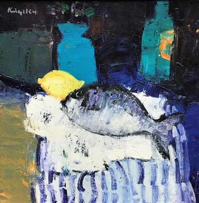 JOHN KINGSLEY - still life with fish and striped cloth ii