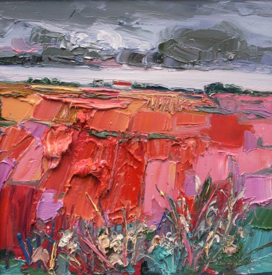 JUDITH BRIDGLAND - dark clouds over pink fields, aberdeenshire