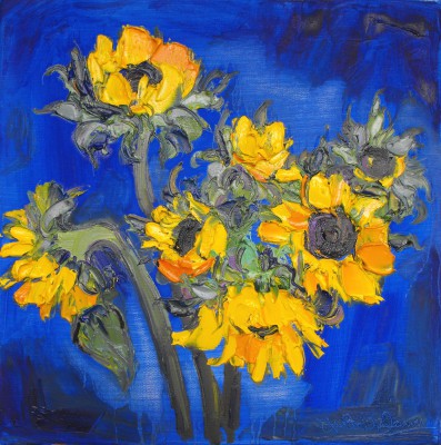 JUDITH BRIDGLAND - group of sunflowers on blue