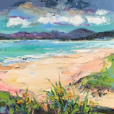 JUDITH BRIDGLAND - yellow irises, looking towards luskentyre