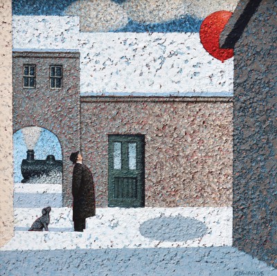 MARK EDWARDS - man and dog watch a red balloon