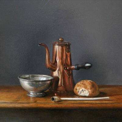 Chocolate Pot, Pewter Bowl and Bread roll