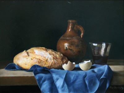 Bread, Brown Bottle, Tumbler on Silk Cloth