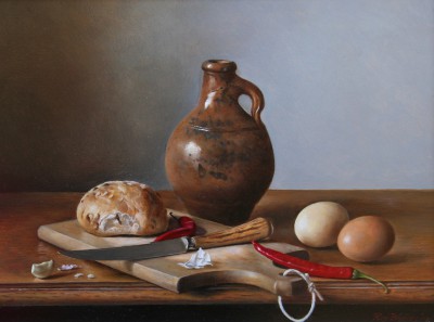 Brown Pot, Red Chillies, Bread and Eggs