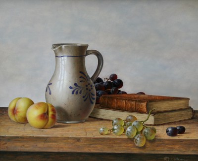 ROY HODRIEN - earthenware jug with grapes and peaches