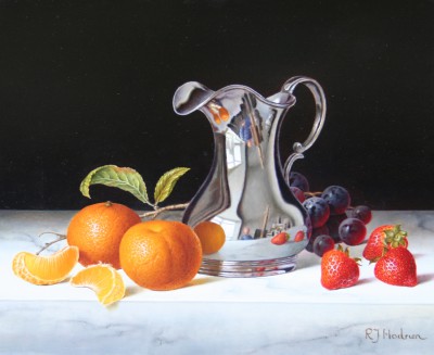 ROY HODRIEN - silver jug with clementines and strawberries