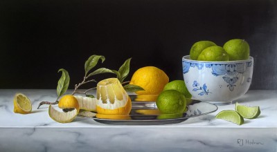 ROY HODRIEN - lemons on a silver plate with limes