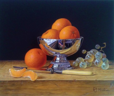 ROY HODRIEN - mandarins in a silver bowl with grapes