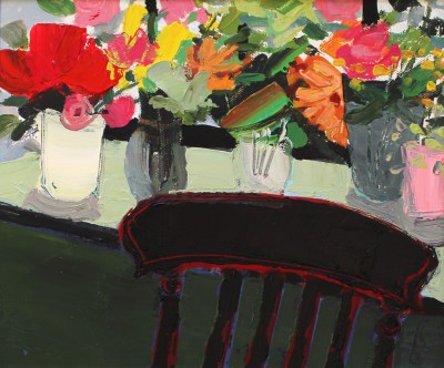 British Artist Sarah Carvell - Black Chair, Flowers