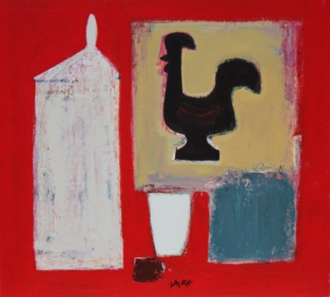 SIMON LAURIE - jar and cockerel on red