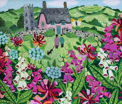 Pink Cottage and Foxgloves