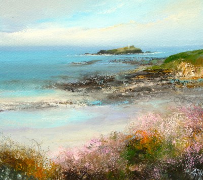 Sea Pinks at Gwithian, Looking Towards Godrevy Lighthouse