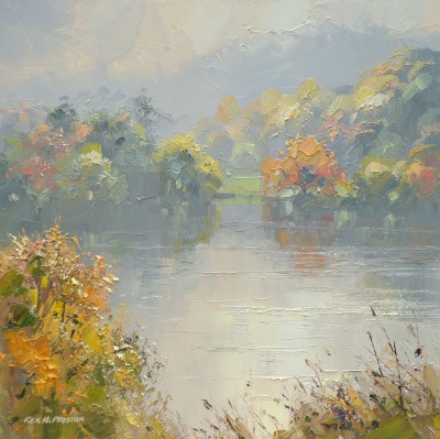 REX PRESTON - misty sunlight, loughrigg tarn, lake district
