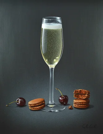 Scottish Artist COLIN WILSON - Champagne with Macarons and Cherries