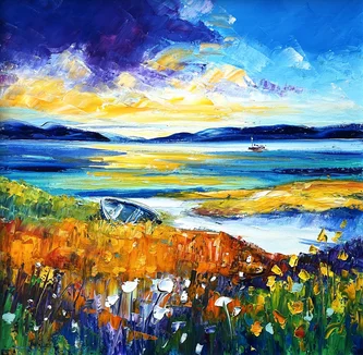 Scottish Artist JEAN FEENEY - Evening, Trawler passing Taransay