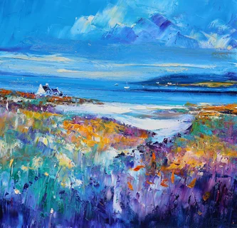 Scottish Artist JEAN FEENEY - Harris beach in summer with Pinks