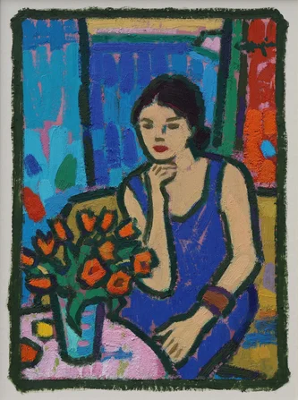 Scottish Artist JOAN GILLESPIE - Seated Woman with Tulips