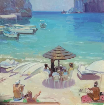 Scottish Artist JOE HARGAN - Enjoying the Shade, Palaiokastritsa