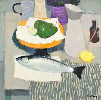 Scottish Artist JOHN KINGSLEY - Still Life with Fish, Fruit and Jugs