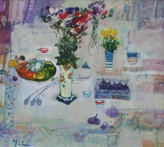Scottish Artist RORY MCLAUCHLAN - Still Life with Sweetpeas and Pumpkin