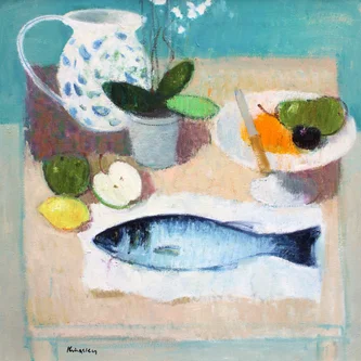 Scottish Artist JOHN KINGSLEY - Still Life with Fish, Fruit and Orchid