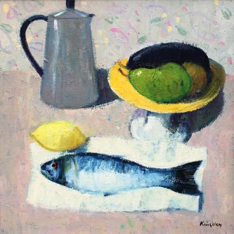 Scottish Artist JOHN KINGSLEY - Still Life with Fish, Fruit and Coffee Pot