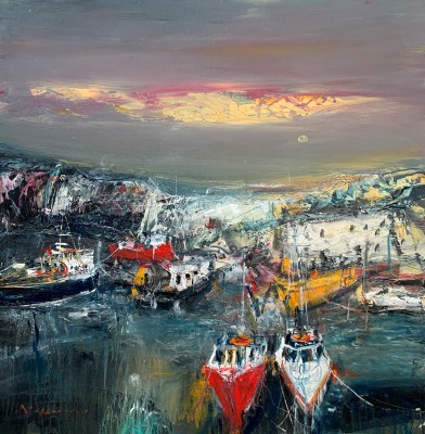 Scottish Artist Nael HANNA - Busy Scottish Fishing Harbour
